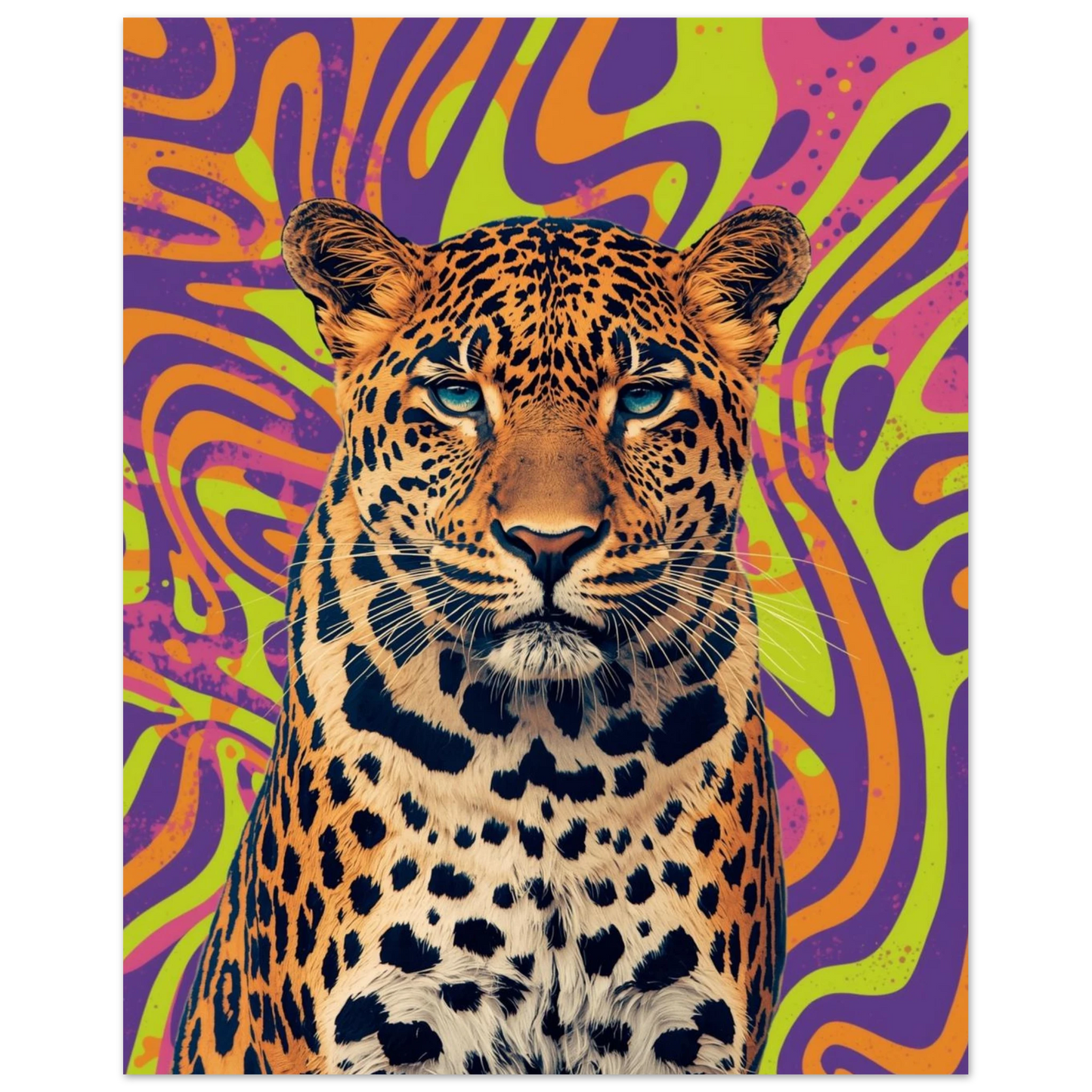 Stående leopard med blå ögon och fläckig päls, omgiven av starka neonfärger – Tecknad poster