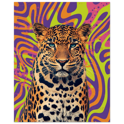 Stående leopard med blå ögon och fläckig päls, omgiven av starka neonfärger – Tecknad poster