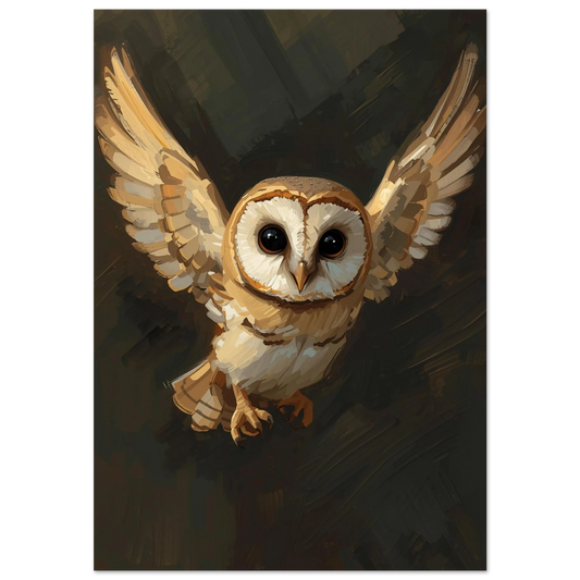 Tornuggla i flykt med utsträckta vingar – konstnärlig uggleposter i oljestil