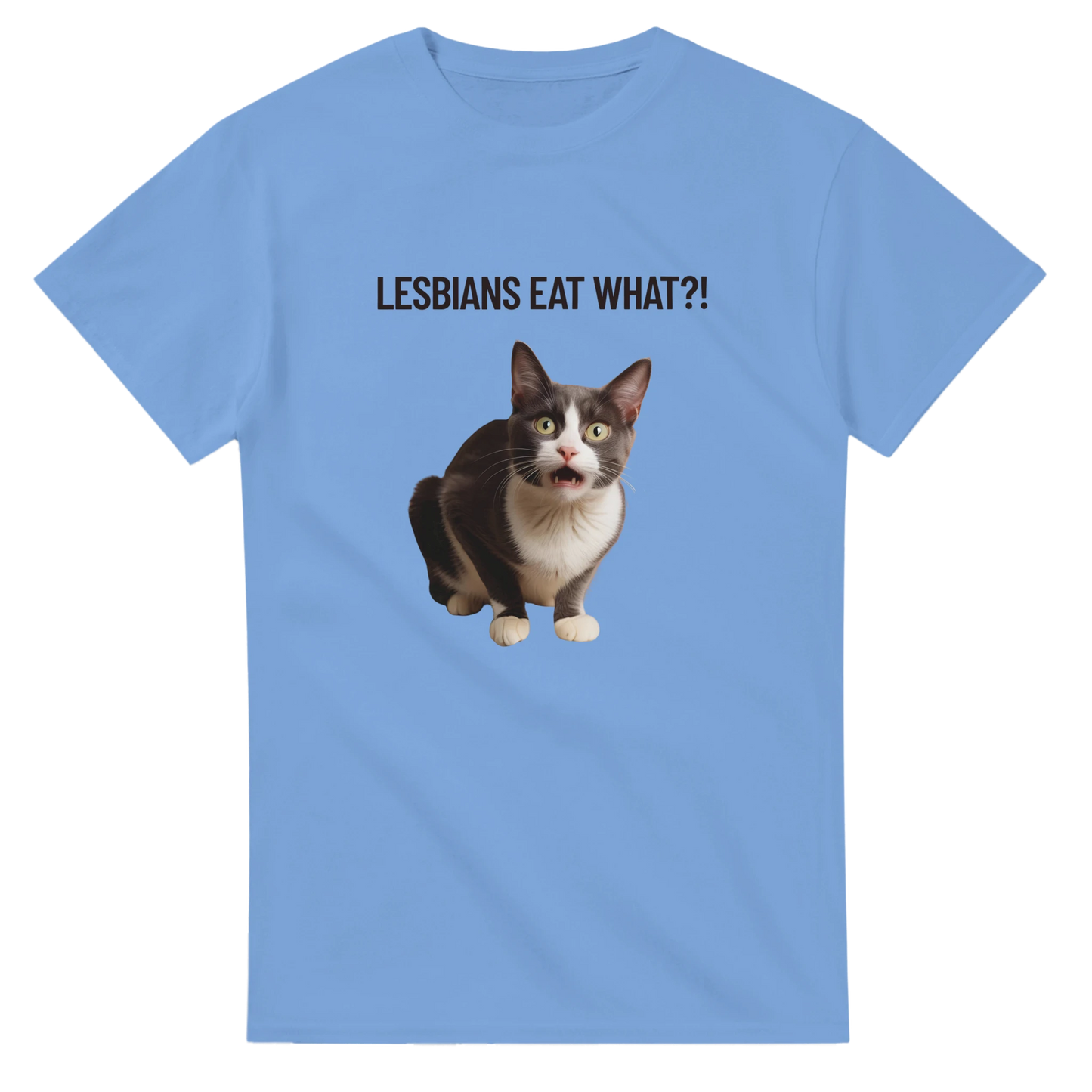 Mellanblå t-shirt med grafiskt tryck av en gapande katt i närbild