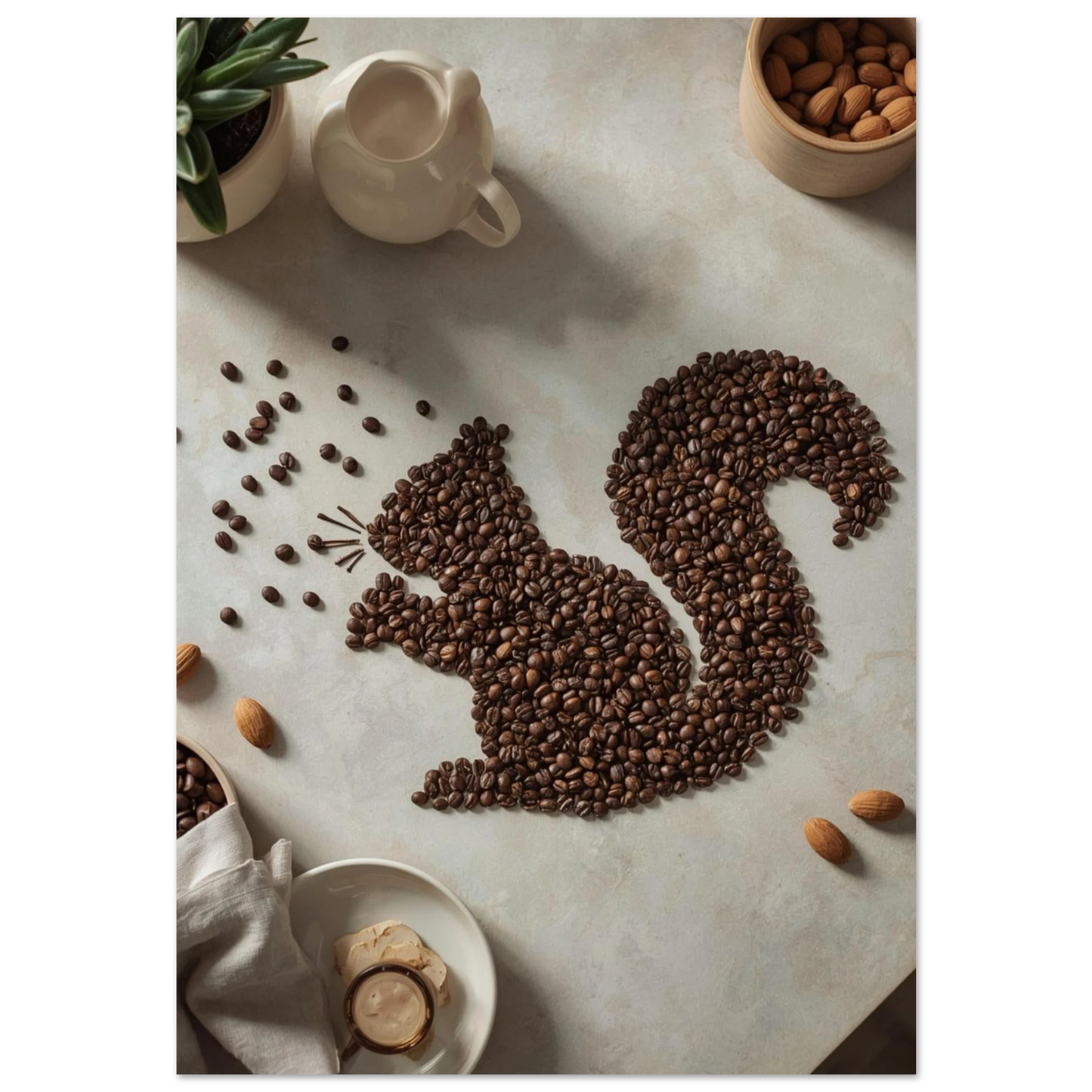 Kreativt kaffemotiv med ekorre av kaffebönor på ljus bakgrund, svart ram