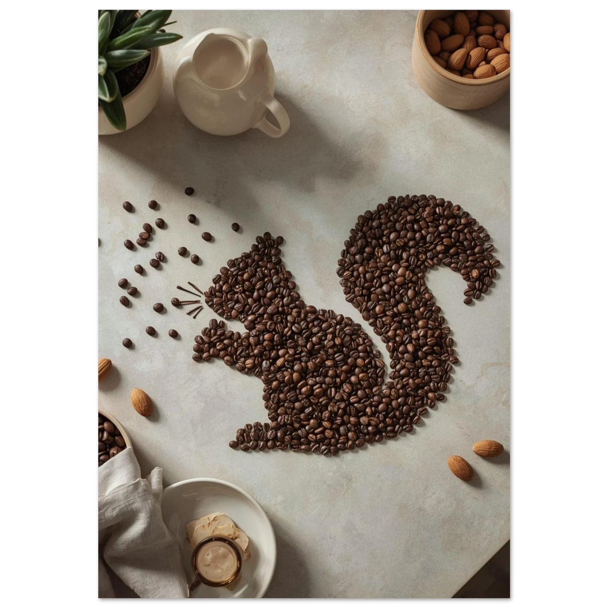 Kreativt kaffemotiv med ekorre av kaffebönor på ljus bakgrund, svart ram