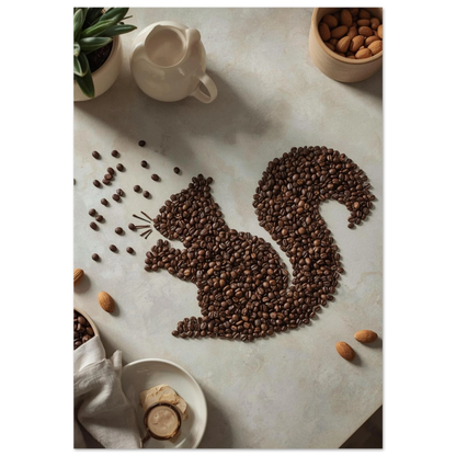 Kreativt kaffemotiv med ekorre av kaffebönor på ljus bakgrund, svart ram
