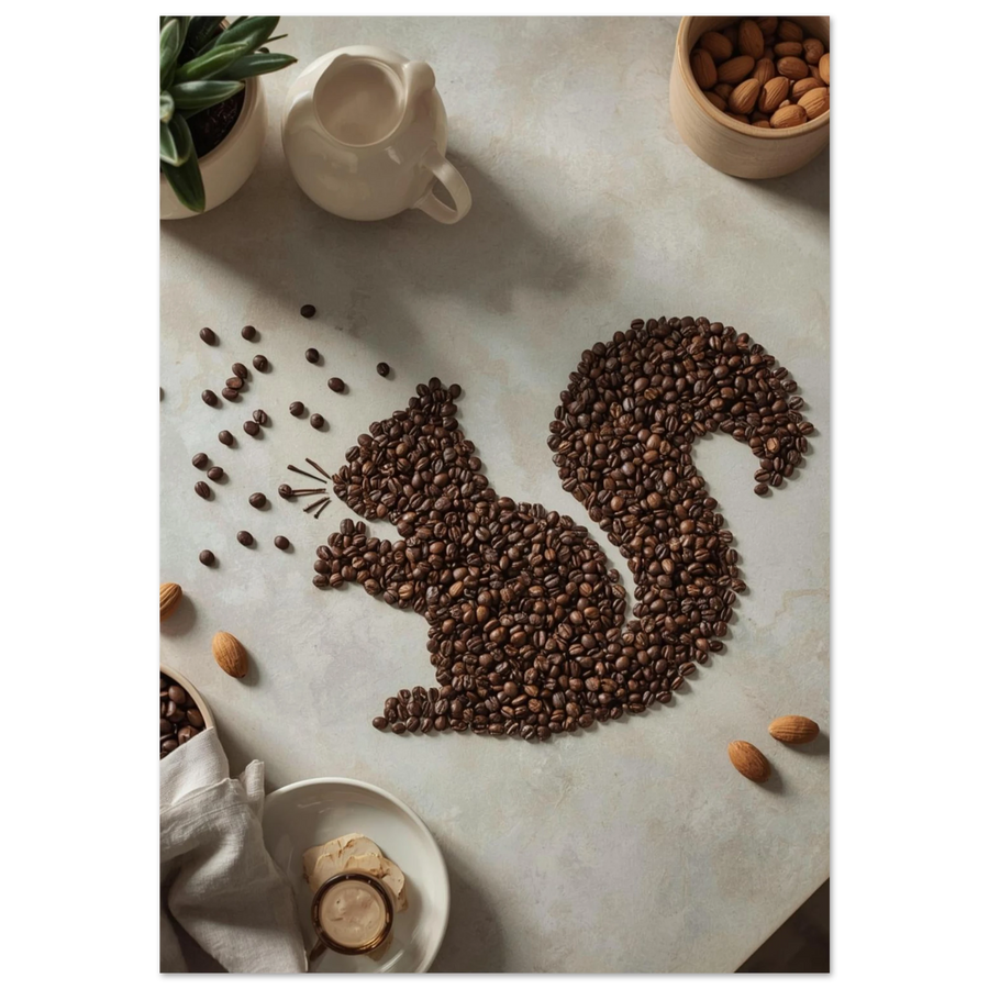 Kreativt kaffemotiv med ekorre av kaffebönor på ljus bakgrund, svart ram