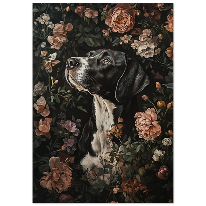 Konstnärlig hundtavla med dämpade jordtoner och blommande botanik
