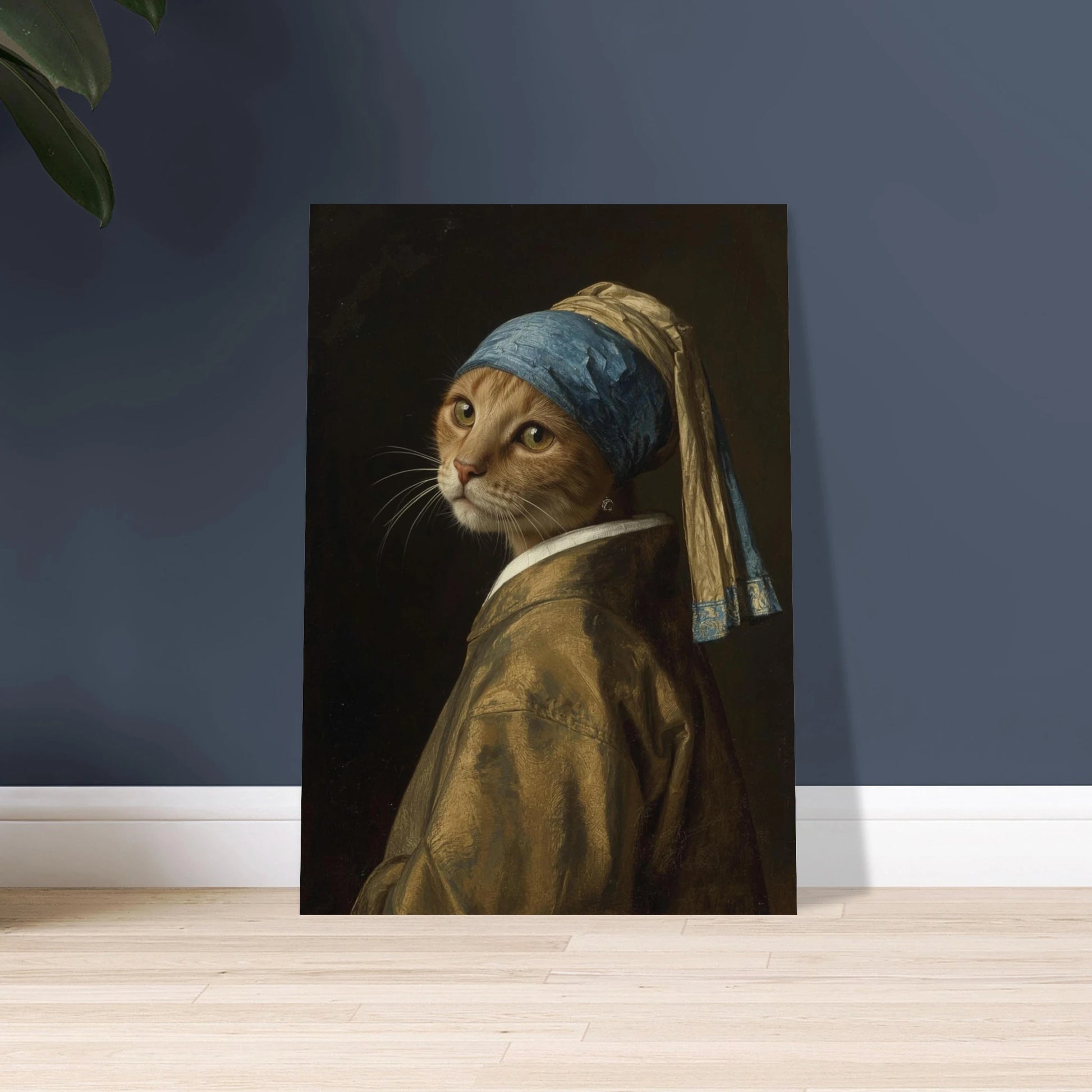 Katt i klassisk oljemålning med turban och pärlörhänge