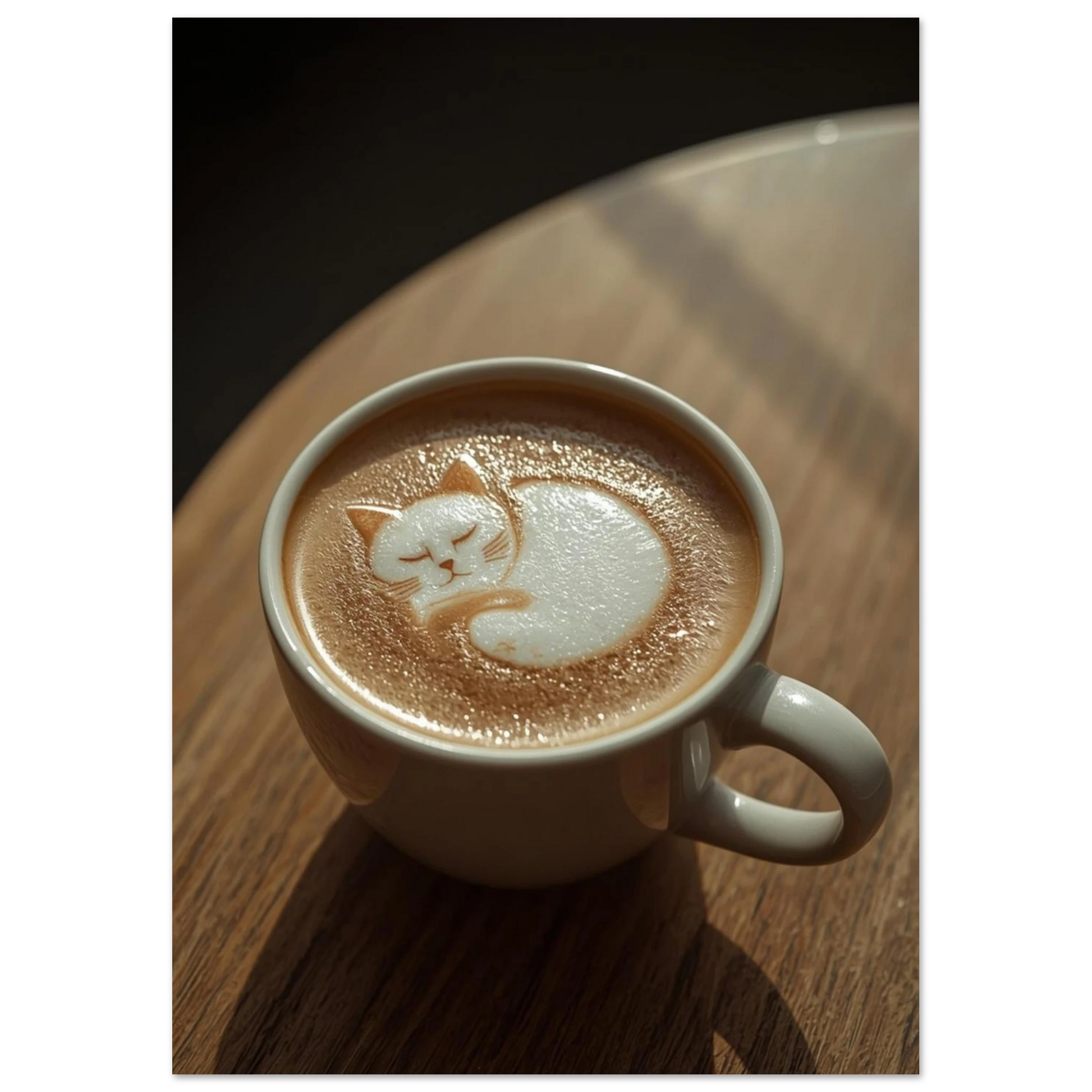 Kreativ kaffekonst föreställande en katt i en cappuccino på träyta