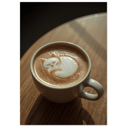 Kreativ kaffekonst föreställande en katt i en cappuccino på träyta