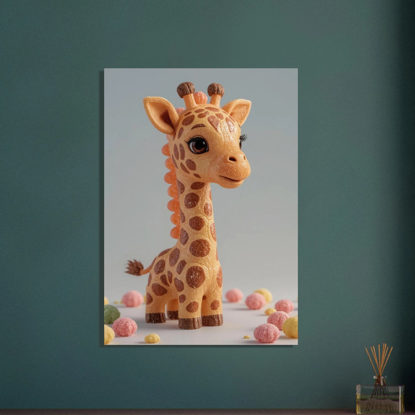 Söt giraff av karamell och godis, omgiven av färgglada sötsaker.