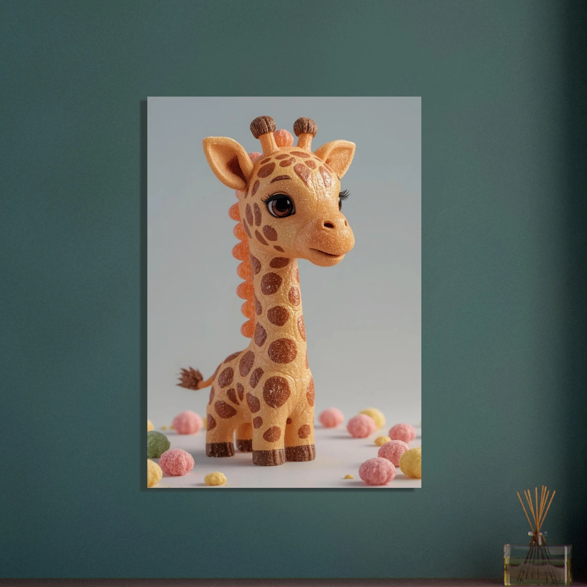 Söt giraff av karamell och godis, omgiven av färgglada sötsaker.