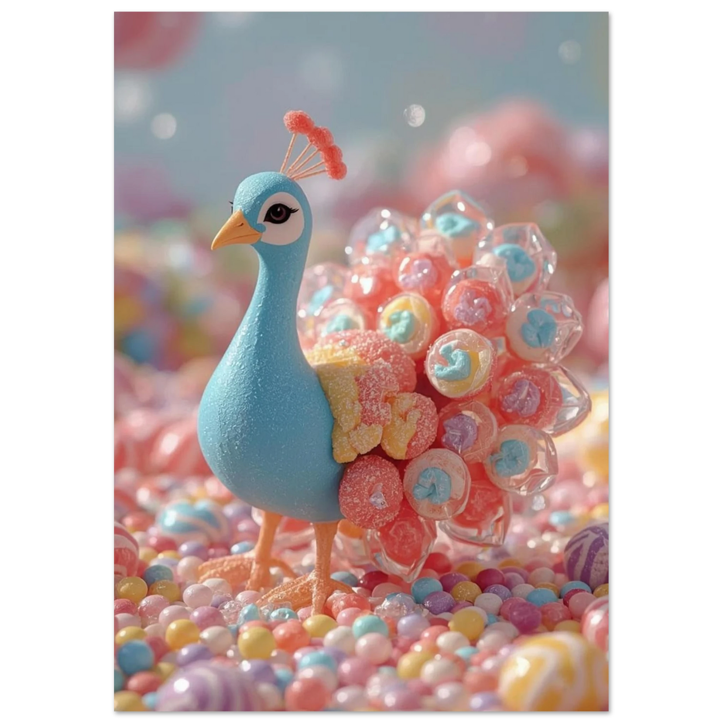 Lekfull 3D-illustration av en påfågel stående i ett hav av strössel