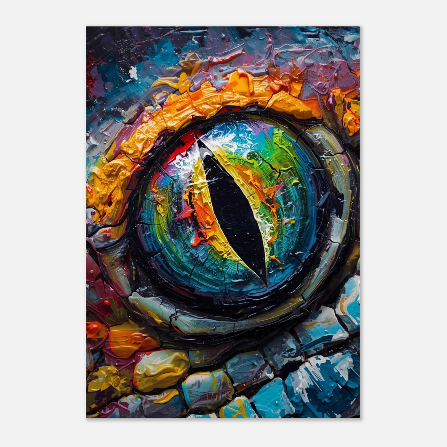 Färgsprakande reptilöga i expressionistisk stil med djupa blå och gröna nyanser
