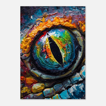 Färgsprakande reptilöga i expressionistisk stil med djupa blå och gröna nyanser