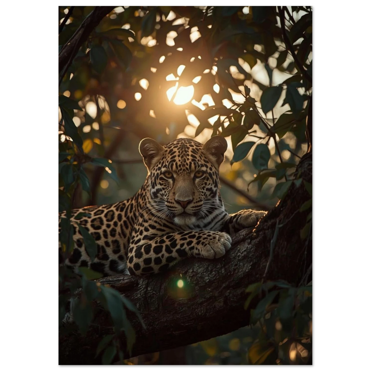 Majestätisk leopard i djungelmiljö med strilande ljus – exklusiv fotokonst