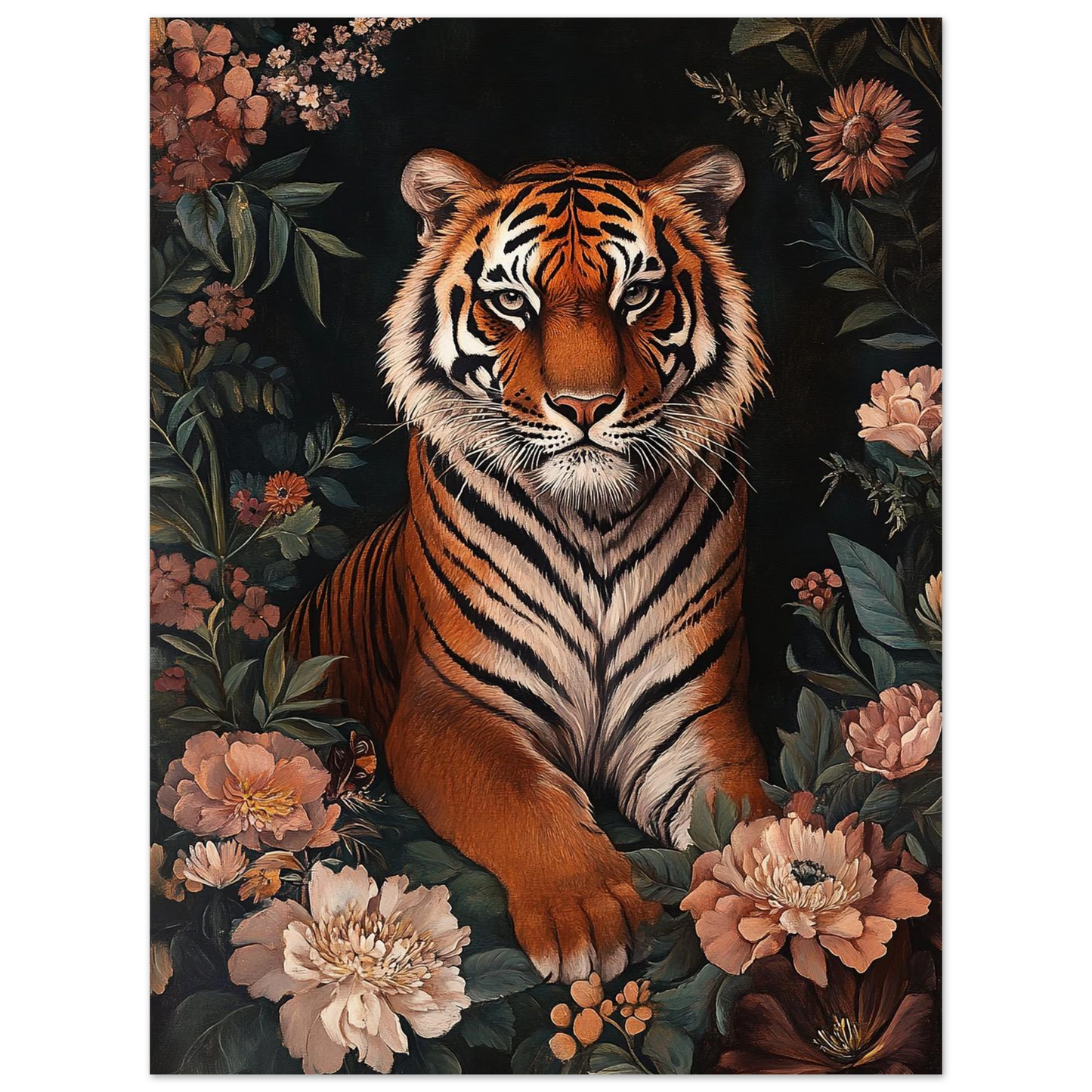 Tigerporträtt i varma bruna och orangea toner med botaniska detaljer