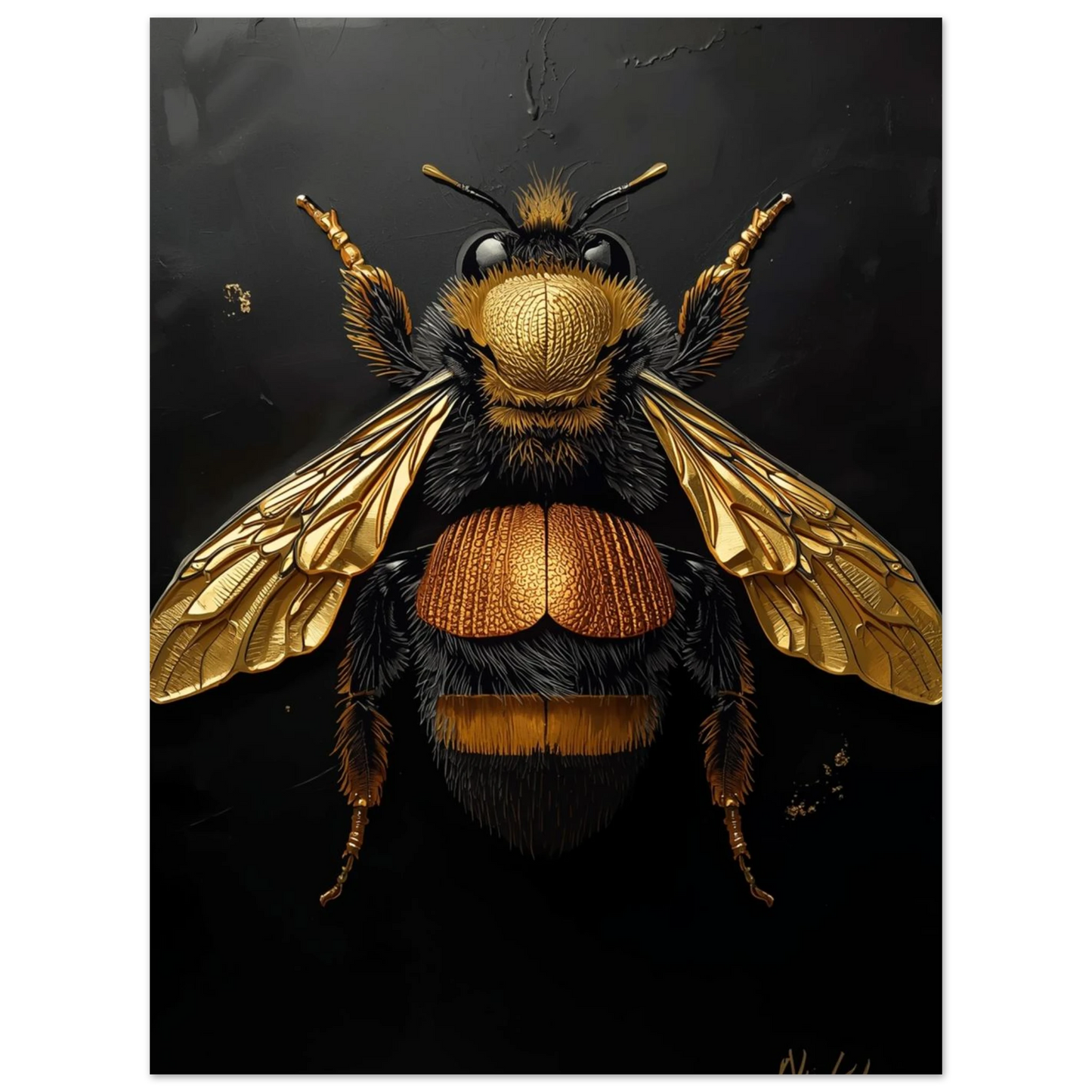 Taktil illustration av en humla i guld på mörk canvas
