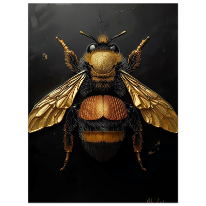 Taktil illustration av en humla i guld på mörk canvas