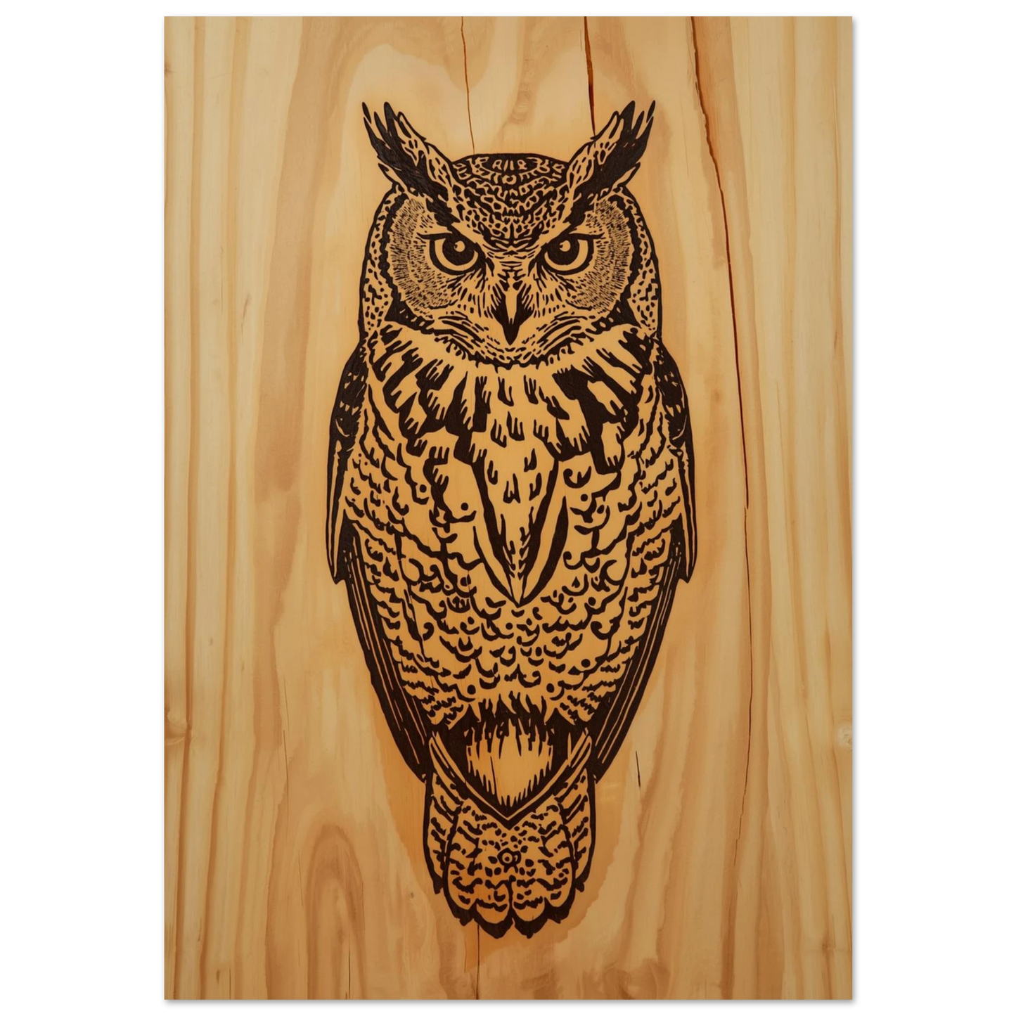Detaljerad uggleposter i pyrografistil med svarta linjer mot ljus träbakgrund