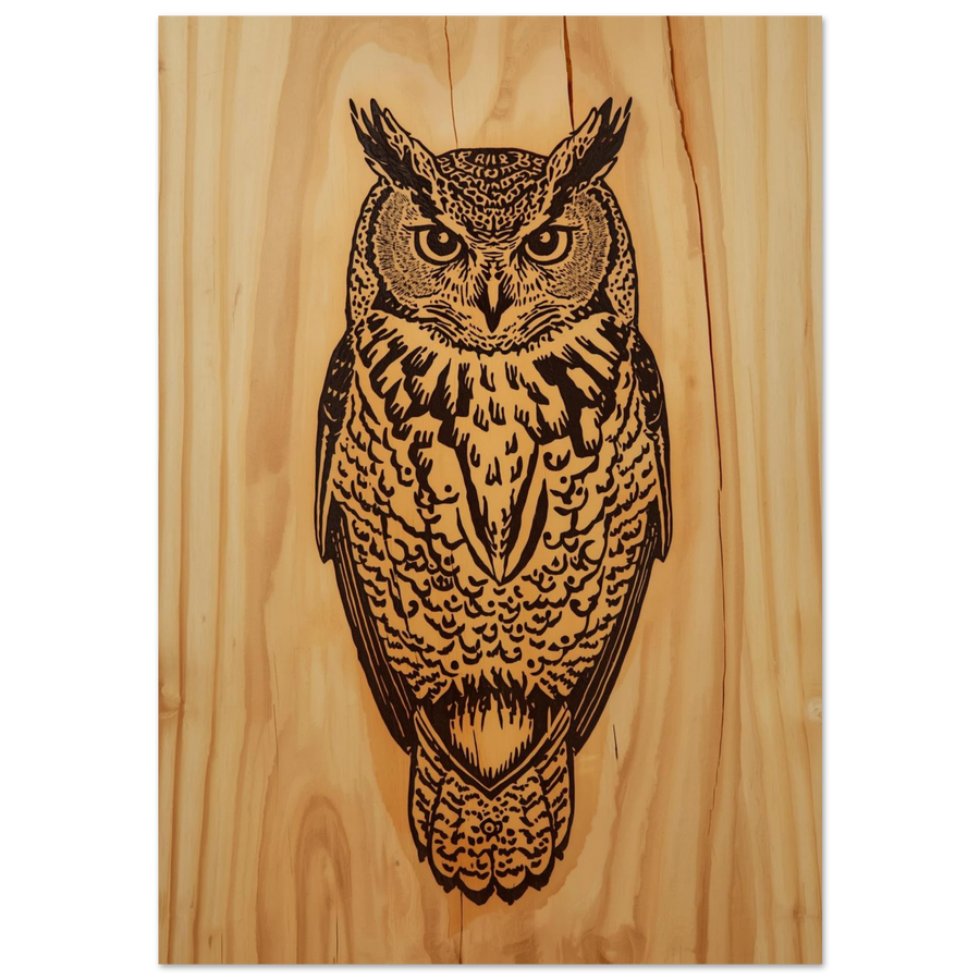 Detaljerad uggleposter i pyrografistil med svarta linjer mot ljus träbakgrund