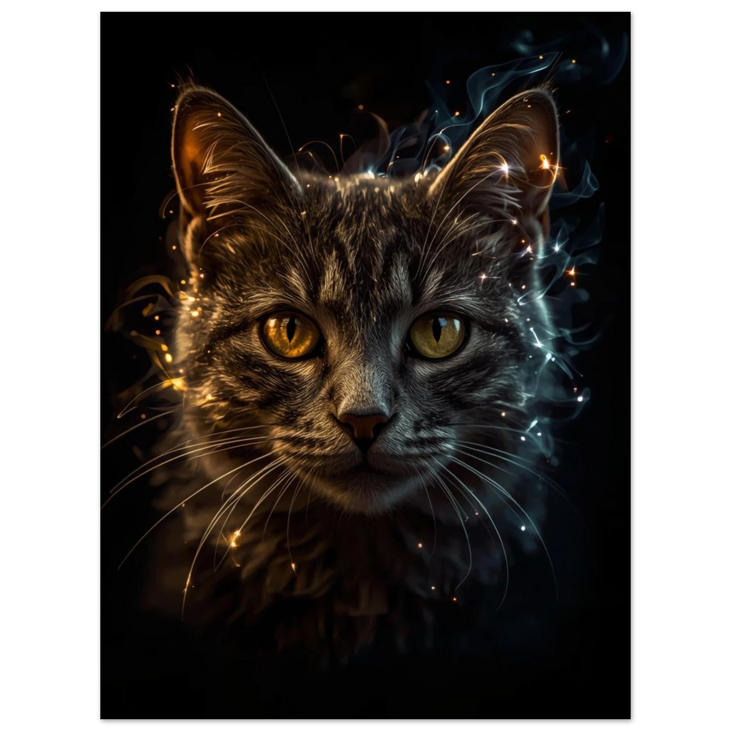 Mystisk katt med gyllene blick omgiven av ljuspartiklar, konstnärligt djurtryck