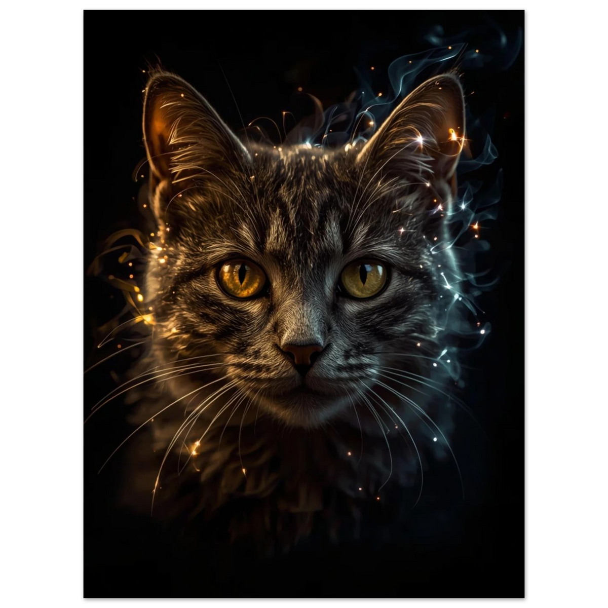 Mystisk katt med gyllene blick omgiven av ljuspartiklar, konstnärligt djurtryck