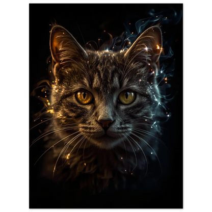 Mystisk katt med gyllene blick omgiven av ljuspartiklar, konstnärligt djurtryck