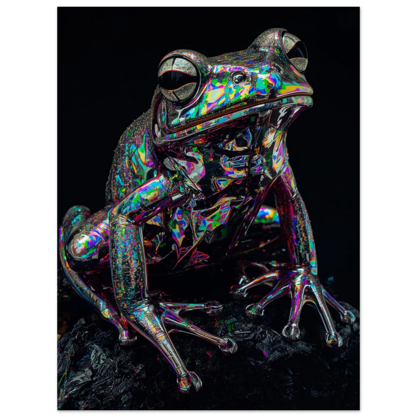 Digital illustration av en groda i regnbågsskimrande metallisk stil mot mörkt djup