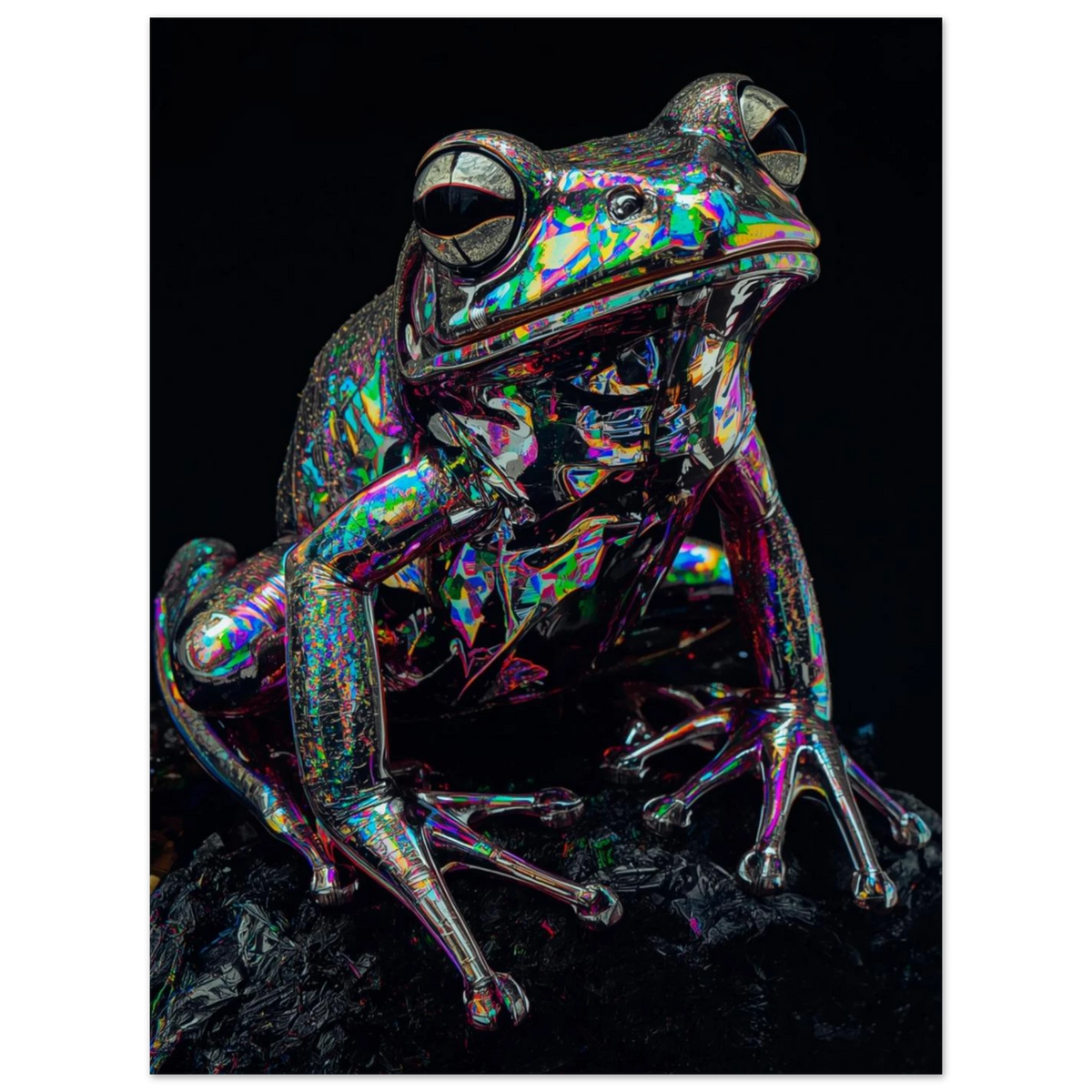 Digital illustration av en groda i regnbågsskimrande metallisk stil mot mörkt djup