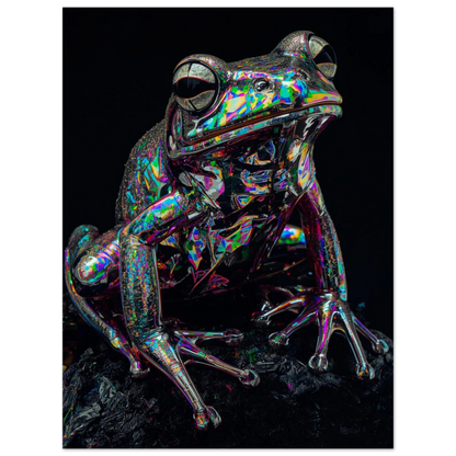 Digital illustration av en groda i regnbågsskimrande metallisk stil mot mörkt djup