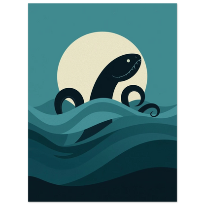 Legendariskt havsmonster i grafisk illustration, marinblå toner och månsken