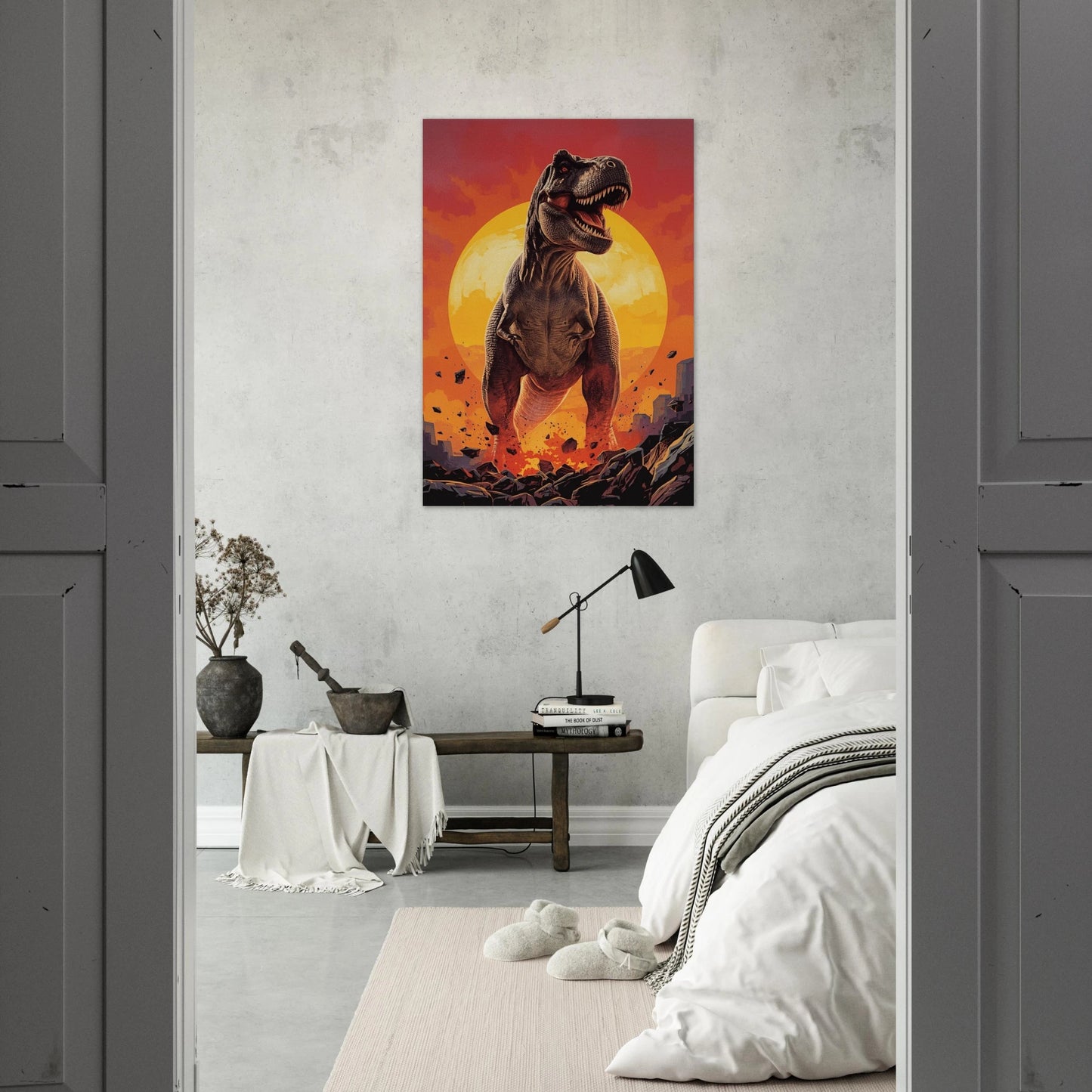 Inramad T-Rex poster monterad på en ljusgrå vägg i ett sovrum med en säng och bänkmöbel – Tecknad poster