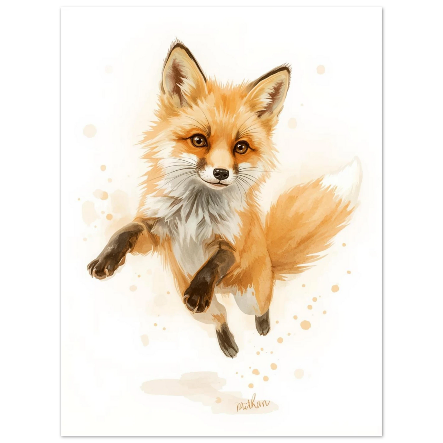 Illustration av en rävunge med fluffig svans och pigg blick – väggkonst