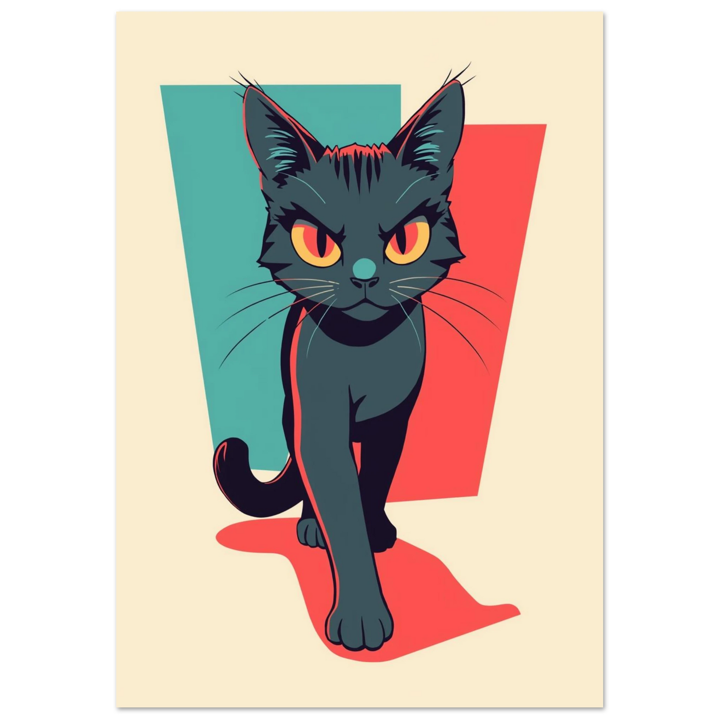 Svart katt i pop art-stil med gula ögon och turkos bakgrund