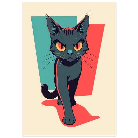 Svart katt i pop art-stil med gula ögon och turkos bakgrund