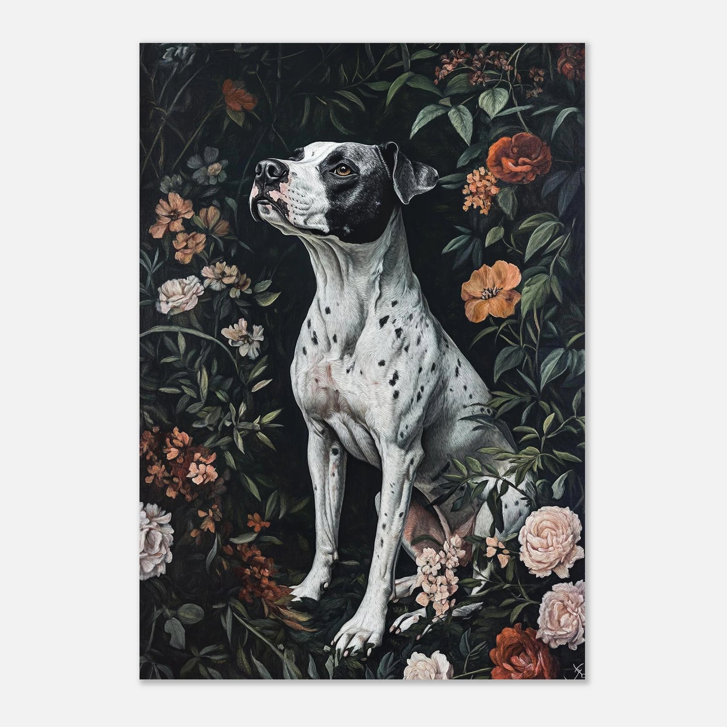 Hundporträtt omgiven av blommor i mörka, konstnärliga toner.