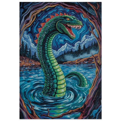 Grafisk illustration av Loch Ness-monstret i en nattlig sjö – fantasy poster