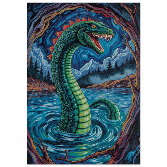 Grafisk illustration av Loch Ness-monstret i en nattlig sjö – fantasy poster