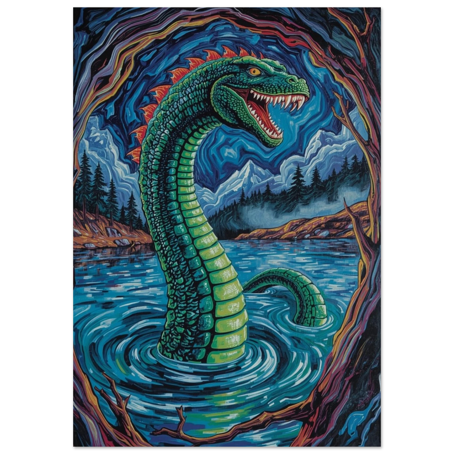 Grafisk illustration av Loch Ness-monstret i en nattlig sjö – fantasy poster