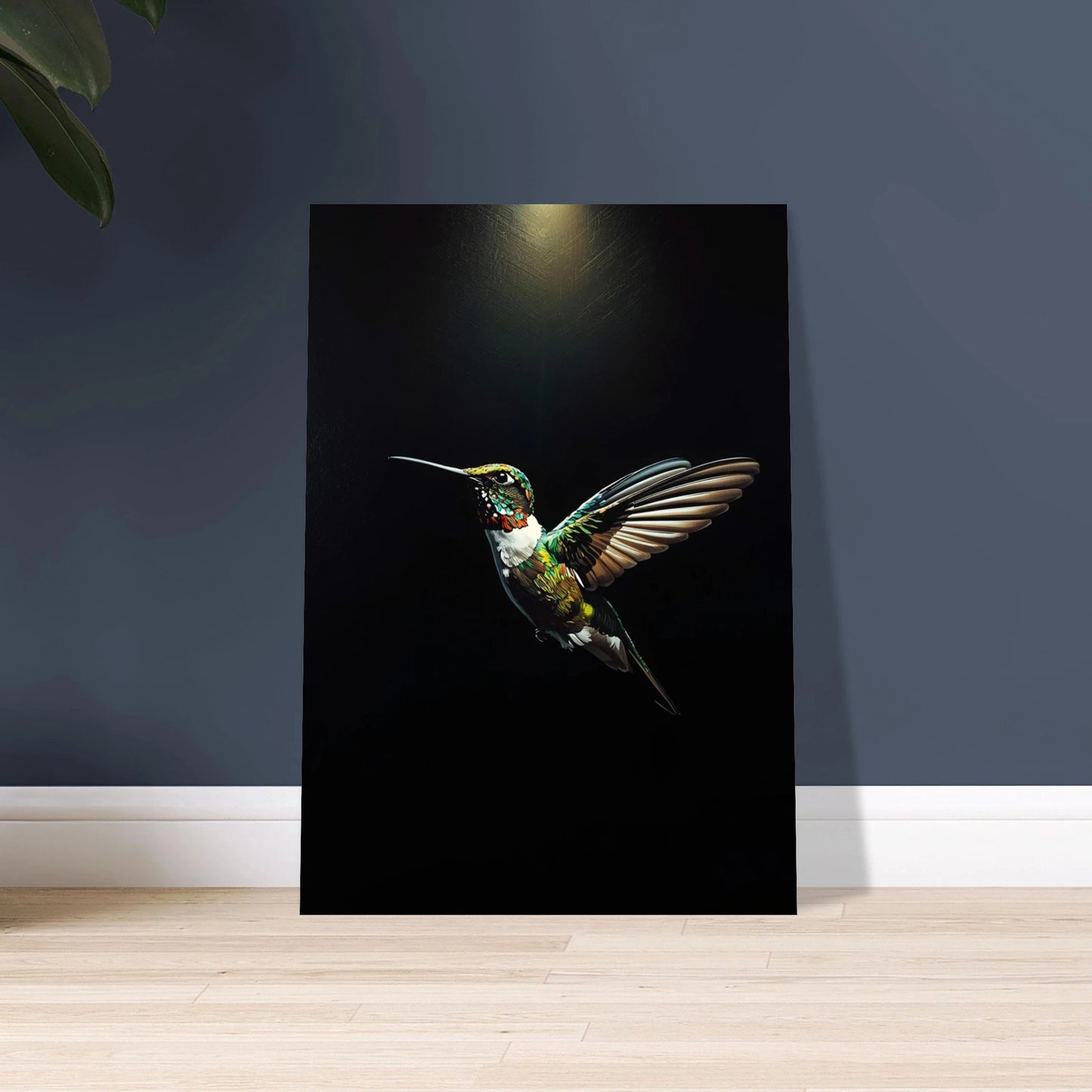 Färgstark kolibri i impasto-stil mot mörk bakgrund, konstnärlig och levande.