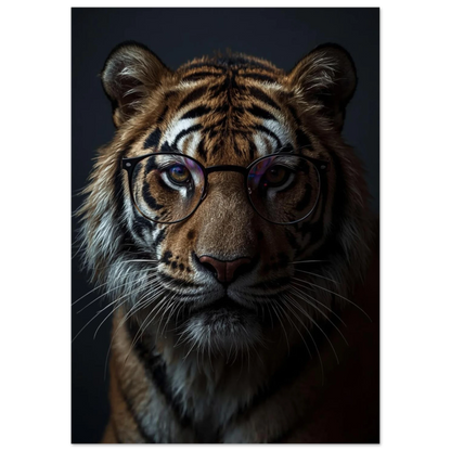 Intellektuell tiger med runda glasögon, detaljrik djurtavla för kontor