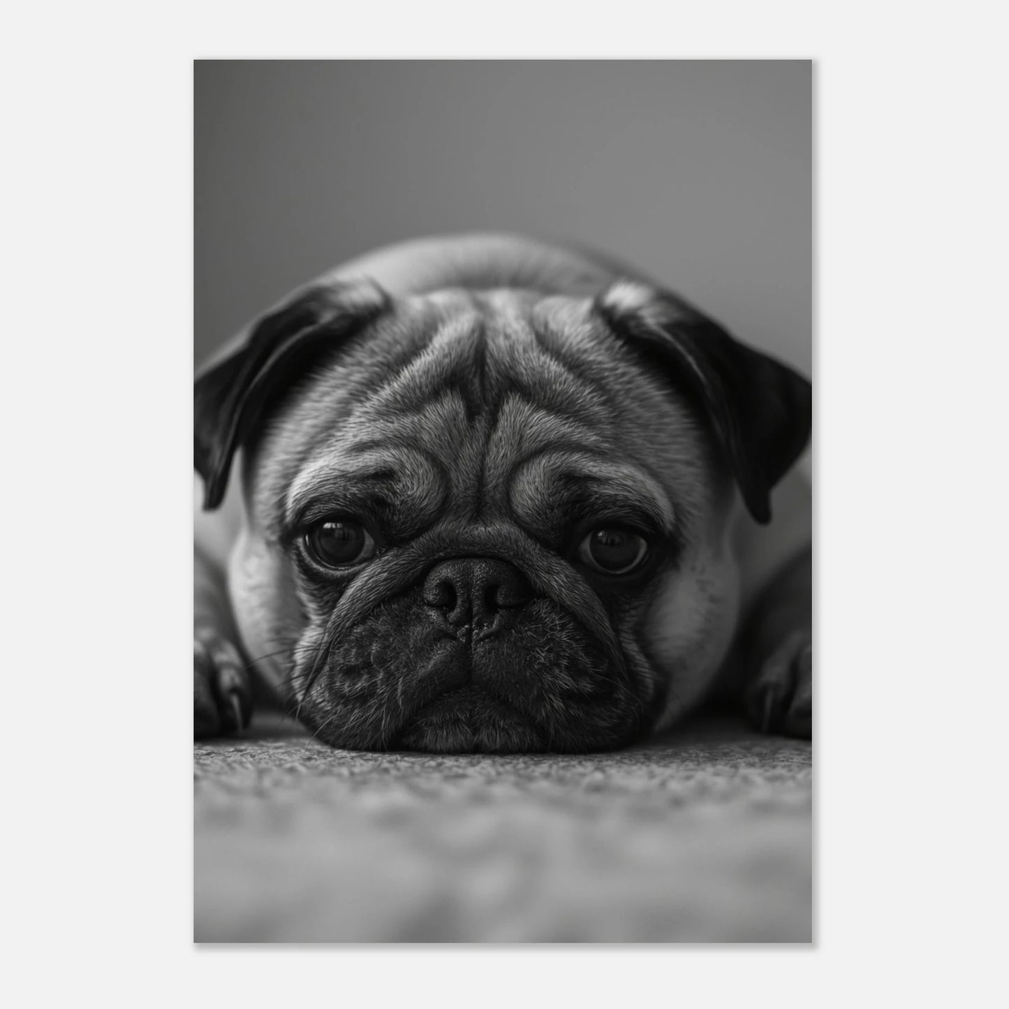 Stilren djurposter föreställande en liggande mops, svartvit fotografisk hundkonst