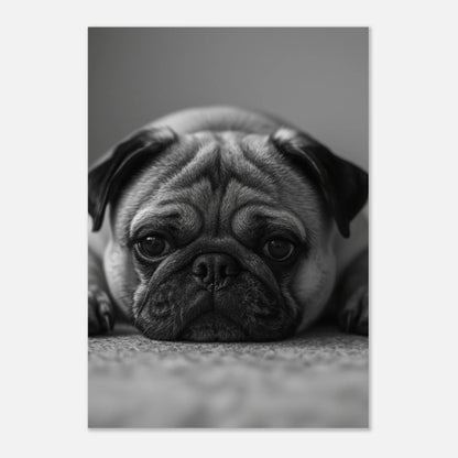 Stilren djurposter föreställande en liggande mops, svartvit fotografisk hundkonst