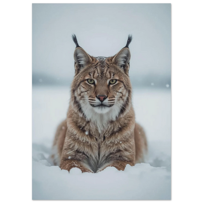 Majestätiskt lodjur med tofsöron i ett vitt vinterlandskap, naturfotografi