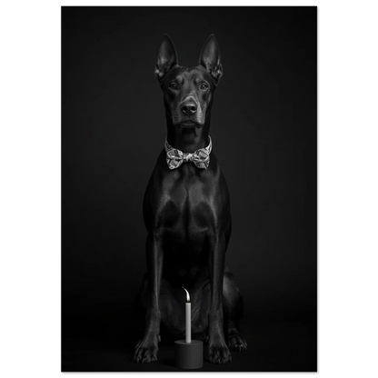 Svartvit dobermann i fluga framför ett tänt ljus – fotokonst