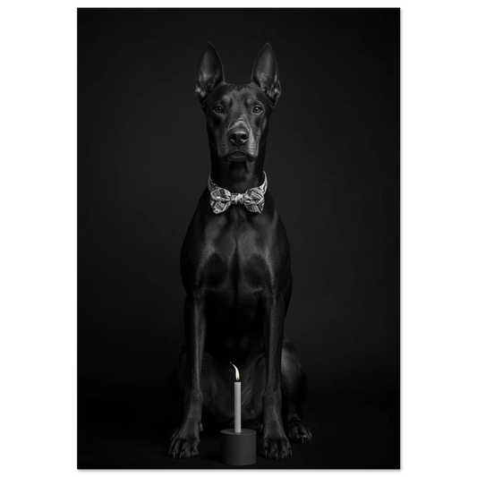 Svartvit dobermann i fluga framför ett tänt ljus – fotokonst