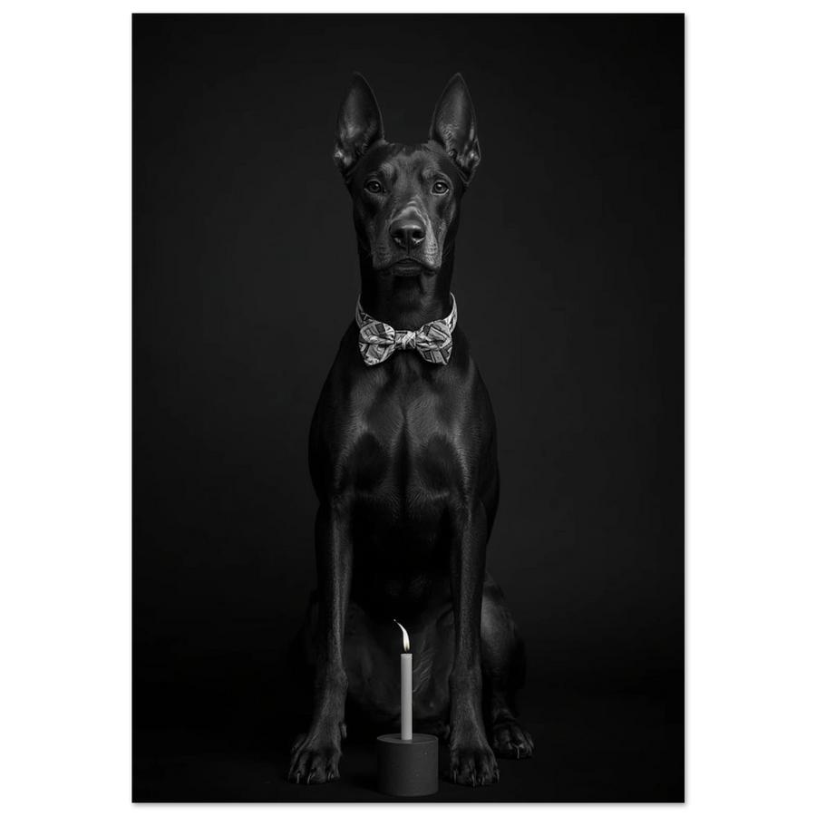 Svartvit dobermann i fluga framför ett tänt ljus – fotokonst