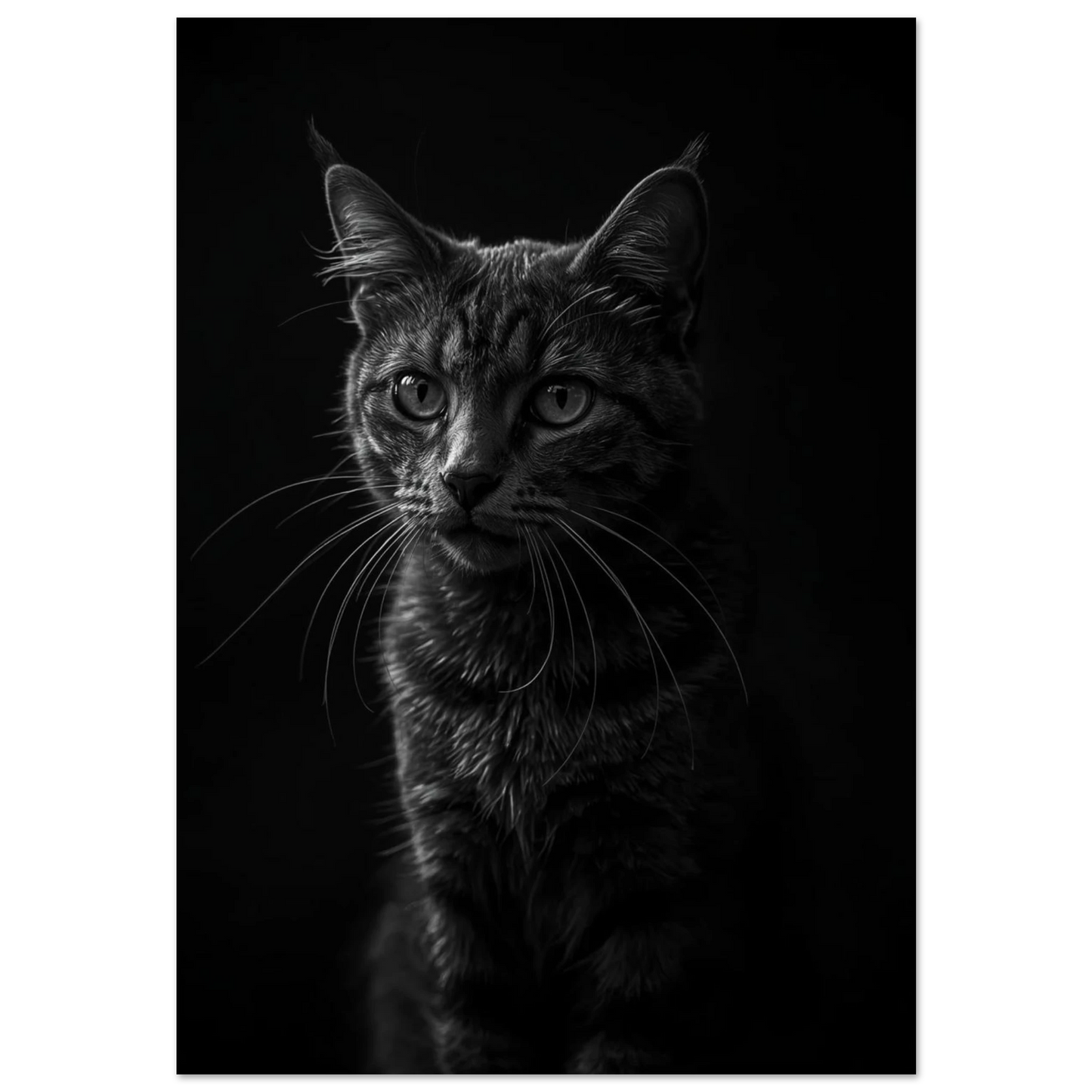 Svartvit kattposter med intensiv blick och detaljerade morrhår mot mörk bakgrund