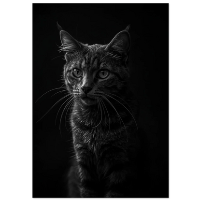 Svartvit kattposter med intensiv blick och detaljerade morrhår mot mörk bakgrund