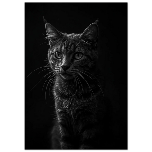 Svartvit kattposter med intensiv blick och detaljerade morrhår mot mörk bakgrund