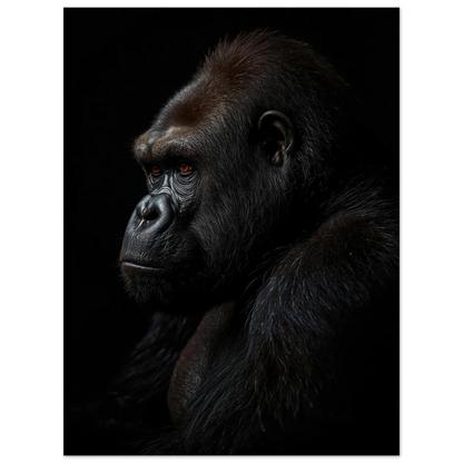 Kraftfullt fotografi av en gorilla som blickar utåt, svartvit känsla